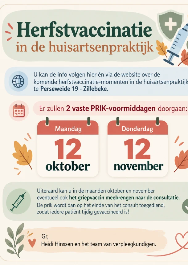 Affiche Herfstvaccinatie. De volledige tekst staat ook naast de affiche.